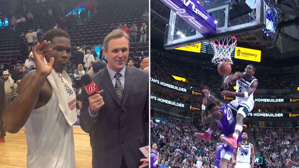 Anthony Edwards a regardé son dunk sur John Collins une fois et l'a qualifié de « mon meilleur duk de ma carrière »