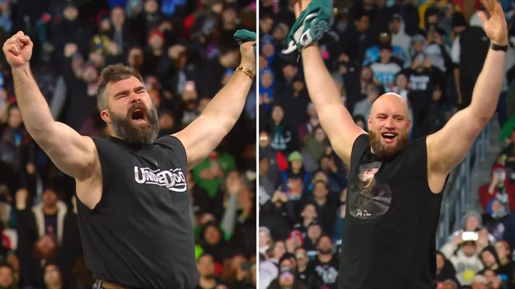 Jason Kelce et Lane Johnson se sont présentés pour aider Rey Mysterio et Andrade à remporter une victoire à WrestleMania 40